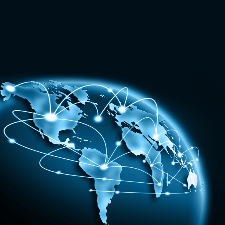 A digital illustration of a world map with glowing lines connecting different continents.
