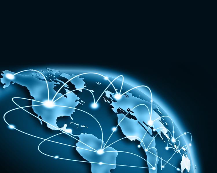 A digital illustration of a world map with glowing lines connecting different continents.